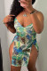 Green Sexy Print Slit Spaghetti Strap A Line Dresses