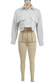 Red Casual Solid Color Pocket Buttons Shirt Collar Tops
