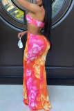 Rose Red Sexy Patchwork Hollowed Out Patchwork Halter Sleeveless Two Pieces