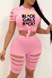 Pink Fashion Casual Letter Print Ripped O Neck Short Sleeve Two Pieces