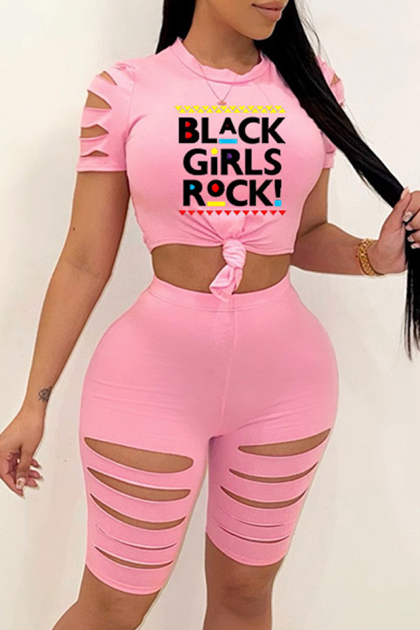 Pink Fashion Casual Letter Print Ripped O Neck Short Sleeve Two Pieces