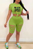 Pink Fashion Casual Letter Print Ripped O Neck Short Sleeve Two Pieces