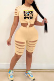 Pink Fashion Casual Letter Print Ripped O Neck Short Sleeve Two Pieces