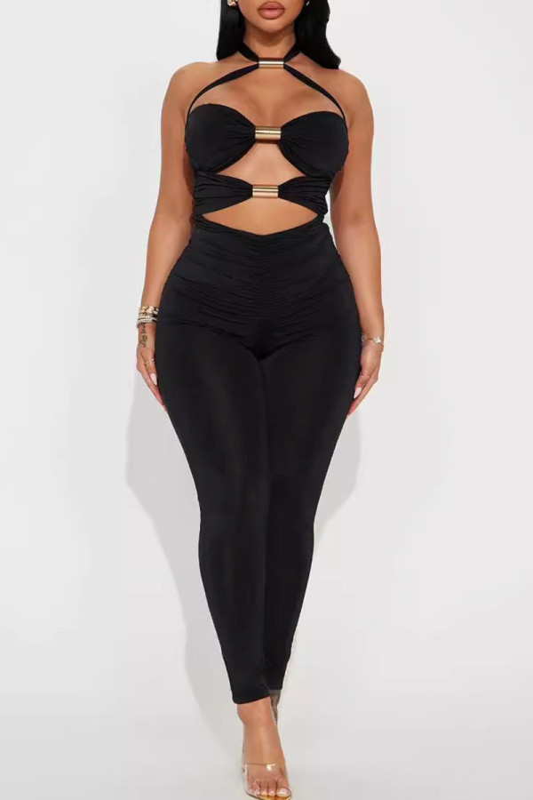 Black Sexy Solid Color Hollow Out Patchwork Backless Halter Skinny Jumpsuits