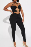 Black Sexy Solid Color Hollow Out Patchwork Backless Halter Skinny Jumpsuits