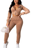 Black Fashion Casual Adult Flocking Solid Draw String Hooded Collar Long Sleeve Regular Sleeve Short Two Pieces