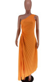 Red Casual Solid Color Hollow Out Backless Ruched Oblique Collar Long Dresses