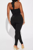 Black Sexy Solid Color Hollow Out Patchwork Backless Halter Skinny Jumpsuits