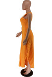 Red Casual Solid Color Hollow Out Backless Ruched Oblique Collar Long Dresses