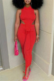 Red Fashion Casual Solid Vests Asymmetrical Half A Turtleneck Sleeveless Two Pieces