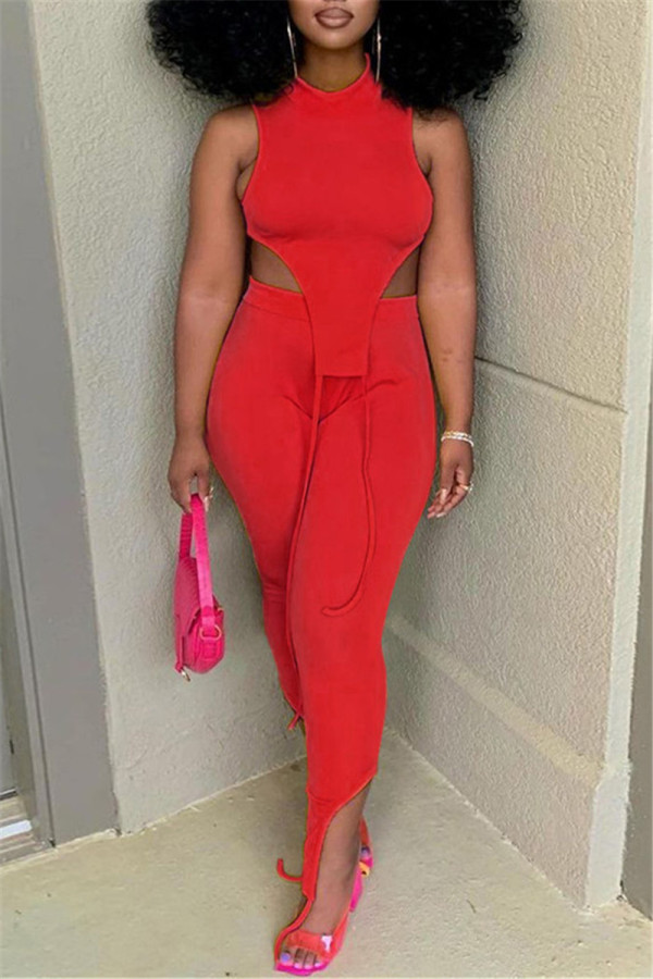 Red Fashion Casual Solid Vests Asymmetrical Half A Turtleneck Sleeveless Two Pieces