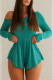 Cyan Sexy Solid Color Hollow Out Patchwork Ruched Strap Design Oblique Collar Loose Rompers
