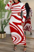 Red Casual Stripe Hollow Out Patchwork Slit O Neck Wrapped Skirt Dresses