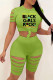 Green Fashion Casual Letter Print Ripped O Neck Short Sleeve Two Pieces