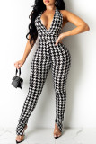 Black Fashion Sexy Print Backless Halter Regular Jumpsuits