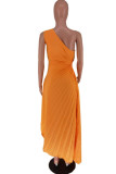 Red Casual Solid Color Hollow Out Backless Ruched Oblique Collar Long Dresses