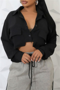 Black Casual Solid Color Pocket Buttons Shirt Collar Tops