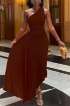 Dark Brown Casual Solid Color Hollow Out Backless Ruched Oblique Collar Long Dresses