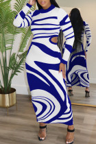 Blue Casual Stripe Hollow Out Patchwork Slit O Neck Wrapped Skirt Dresses