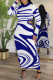 Blue Casual Stripe Hollow Out Patchwork Slit O Neck Wrapped Skirt Dresses
