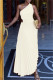 Cream White Casual Solid Color Hollow Out Backless Ruched Oblique Collar Long Dresses