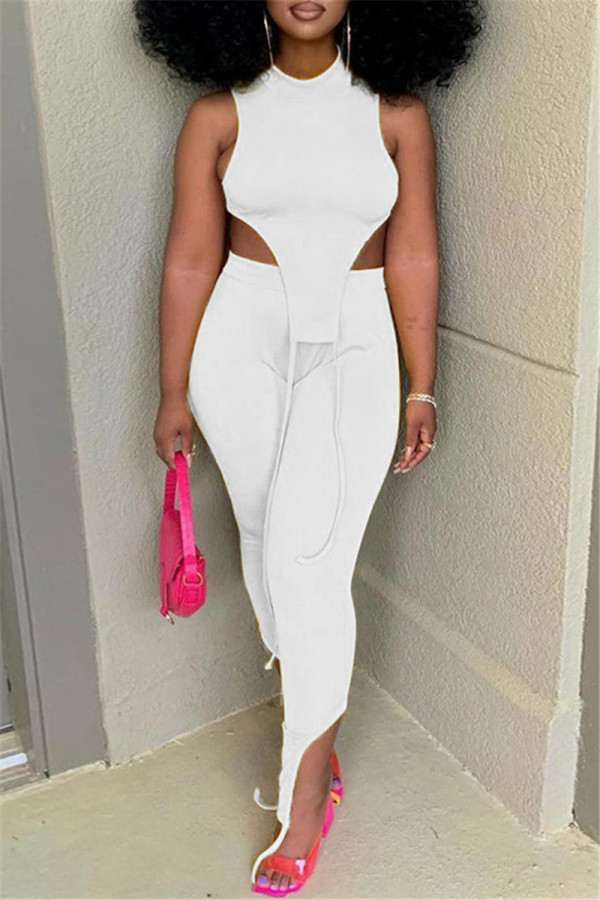 White Fashion Casual Solid Vests Asymmetrical Half A Turtleneck Sleeveless Two Pieces