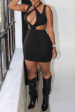 Black Sexy Solid Hollowed Out Halter Pencil Skirt Dresses