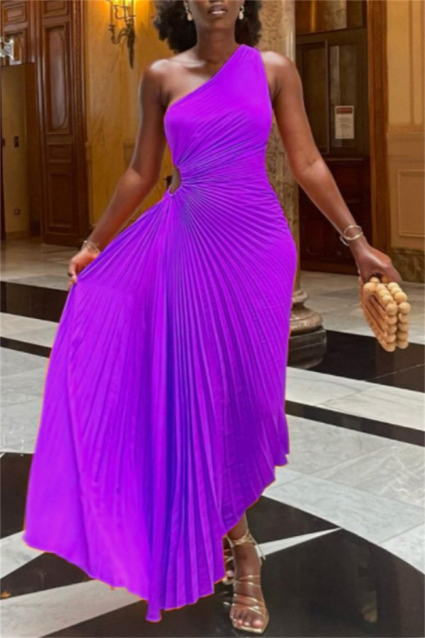 Purple Casual Solid Color Hollow Out Backless Ruched Oblique Collar Long Dresses