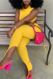 Red Fashion Casual Solid Vests Asymmetrical Half A Turtleneck Sleeveless Two Pieces