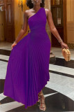 Red Casual Solid Color Hollow Out Backless Ruched Oblique Collar Long Dresses