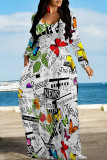 Gradient Color Casual Street Plaid Letter Print Flowers Pocket Contrast V Neck Printed Dresses