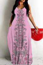Deep Pink Casual Print Backless Spaghetti Strap Long Dresses