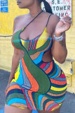 Multicolor Fashion Sexy Print Hollowed Out Backless Spaghetti Strap Sleeveless Dress