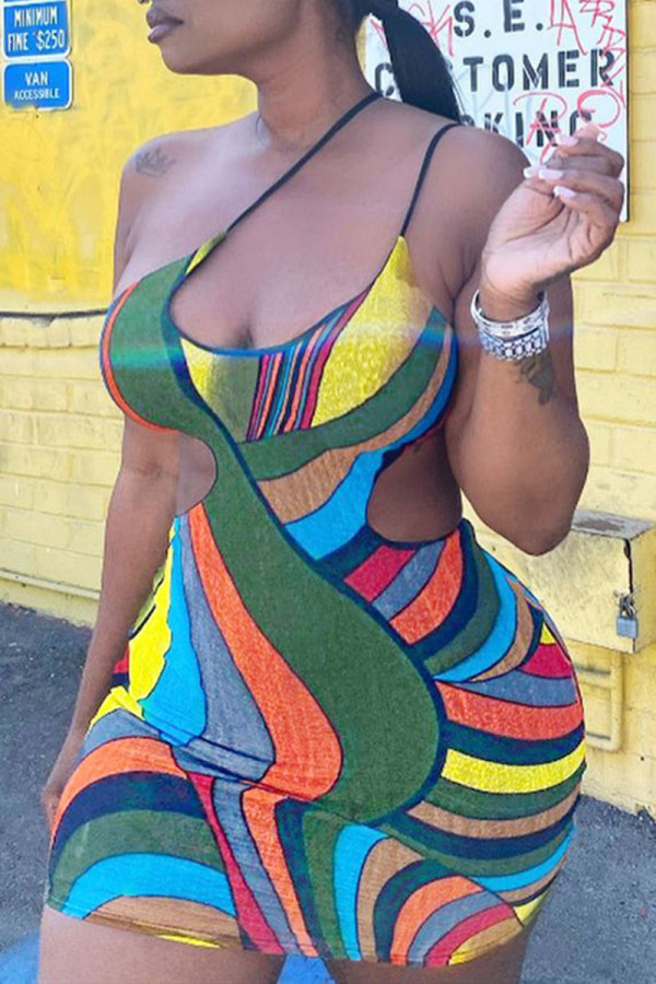 Multicolor Fashion Sexy Print Hollowed Out Backless Spaghetti Strap Sleeveless Dress
