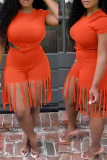 Rose Red Sexy Solid Tassel O Neck Short Sleeve Two Pieces