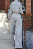 Blue Casual Stripe Pocket Patchwork Zipper Zipper Collar Long Sleeve Two Pieces