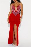 Red Sexy Formal Solid Color Backless Slit Hot Drill Spaghetti Strap Long Dresses
