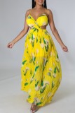 Yellow Sexy Casual Print Backless Ruched Belted Spaghetti Strap Long Dresses