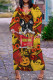 Orange Casual Print Basic V Neck Long Plus Size Dresses