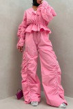 Rose Red Casual Solid Color Ruched V Neck Long Sleeve Two Pieces