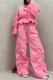Rose Red Casual Solid Color Ruched V Neck Long Sleeve Two Pieces