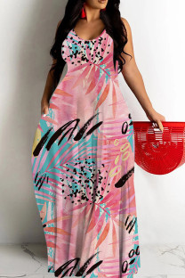 Pink Sexy Casual Floral Print Backless Spaghetti Strap Long Dresses