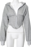 Grey Casual Solid Color Patchwork Zipper Zipper Collar Outerwear