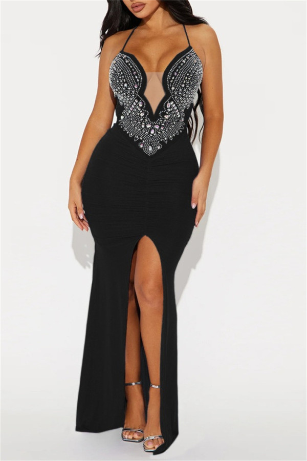Black Sexy Formal Solid Color Backless Slit Hot Drill Spaghetti Strap Long Dresses