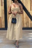 Khaki Sexy Solid Color Patchwork Backless Spaghetti Strap Sling Dresses