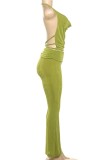 Green Sexy Hot Solid Color Backless Halter Sleeveless Two Pieces