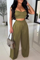 Green Casual Solid Color Patchwork Backless Ruched Strap Design Spaghetti Strap Sleeveless Two Pieces