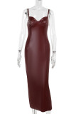 Brown Sexy Solid Color Patchwork Backless Slit Spaghetti Strap Sling Dresses