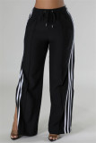 Black Casual Stripe Patchwork Slit Regular High Waist Conventional Patchwork Trousers