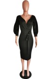 Black Casual Solid Color Basic V Neck One Step Skirt Dresses